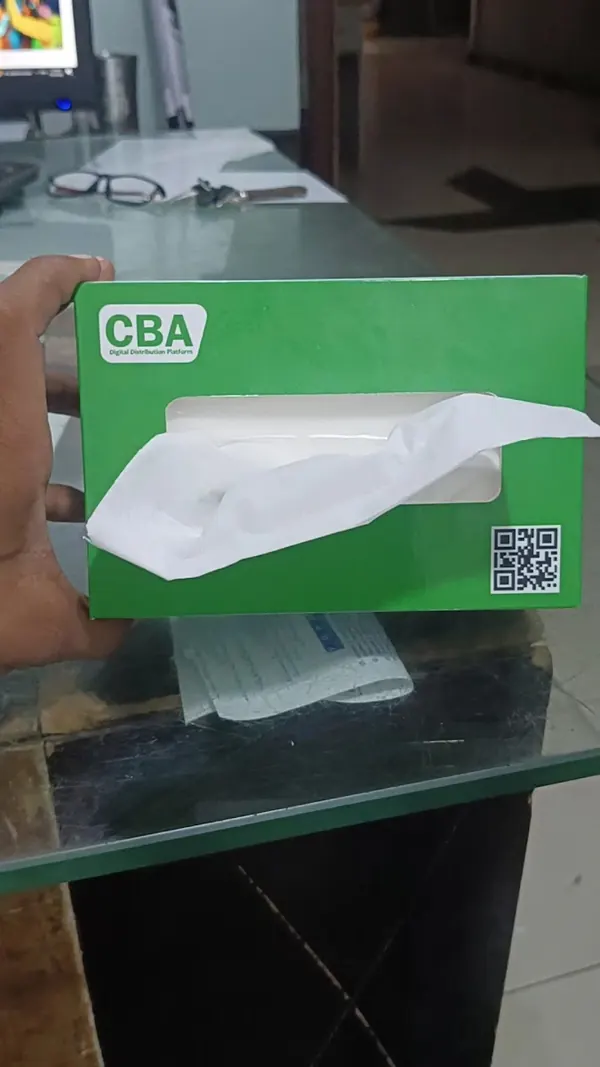 Tissue box printed with a company's branding